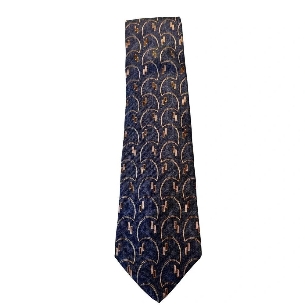 Bill Blass Black Label Mens Silk Tie‎ Navy Gold Scallop Art Deco Geometric
